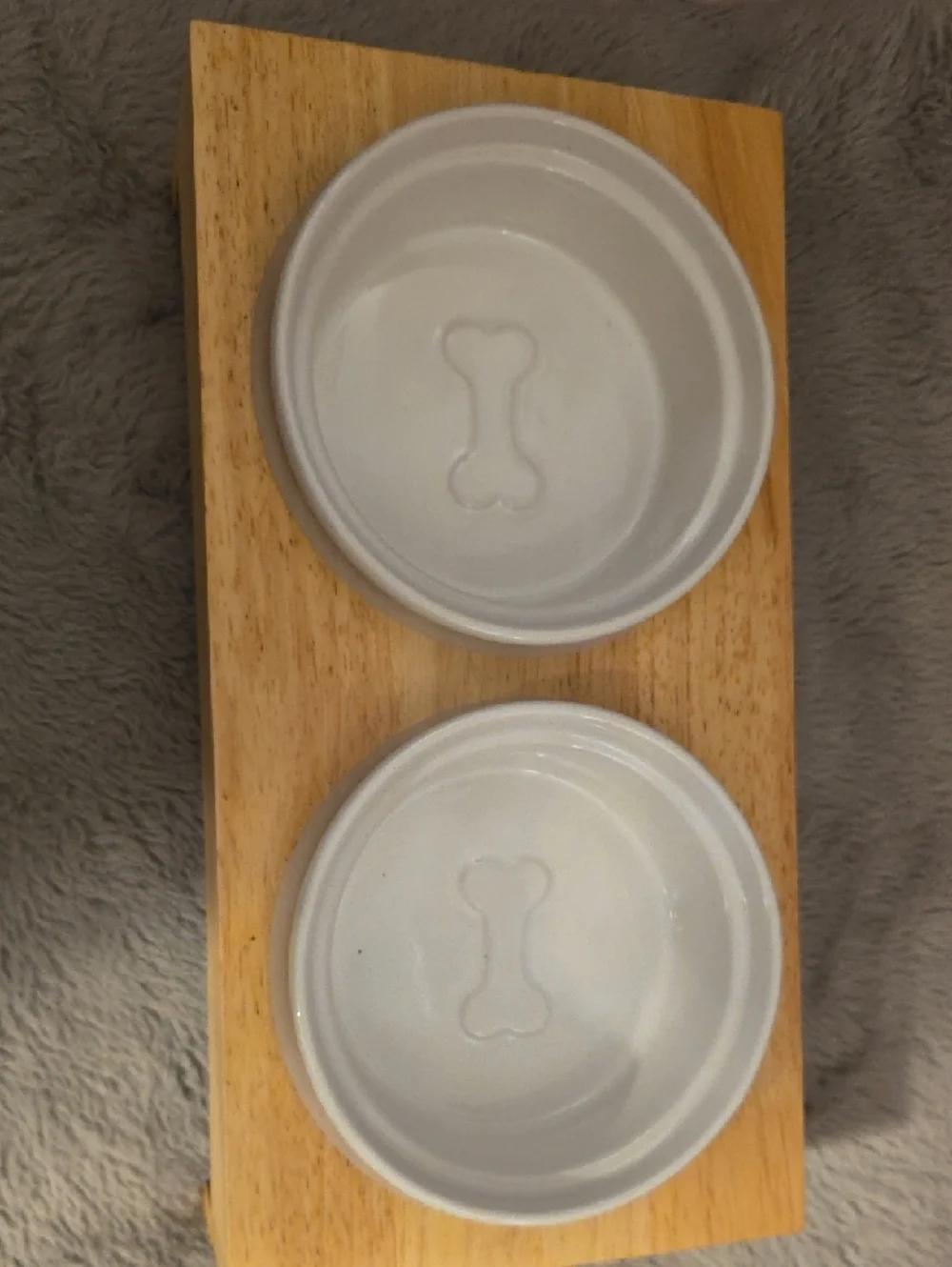 Wooden Elevated Double Dog Bowl Stand with White Ceramic Bowls